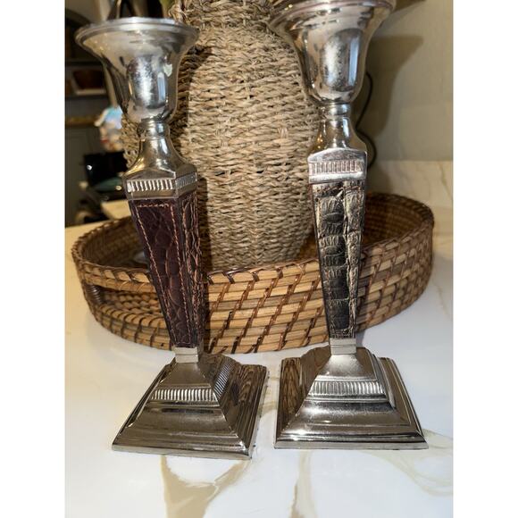 Vintage Andrea by Sadek Silver Leather Candleholders 10in Set of 2